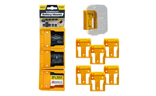 Gelbe StealthMounts Akkuhalterungen für DeWalt XR 20V, 6 St. STM-BM-DW20-YLW-6